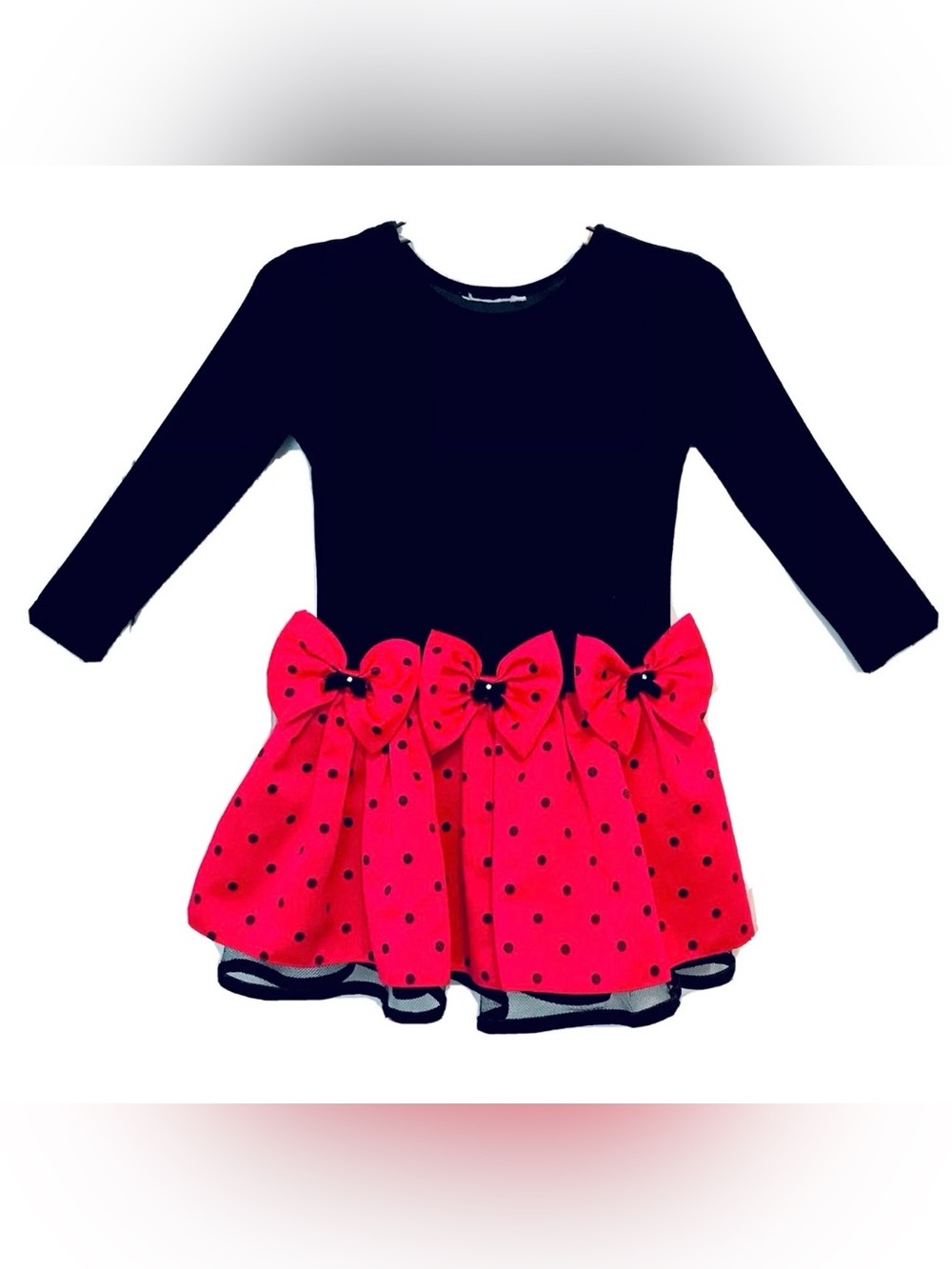 Bonnie Jean Girls 3T Black Velvet Red & Black Polka Dot Bow Lined Party Dress